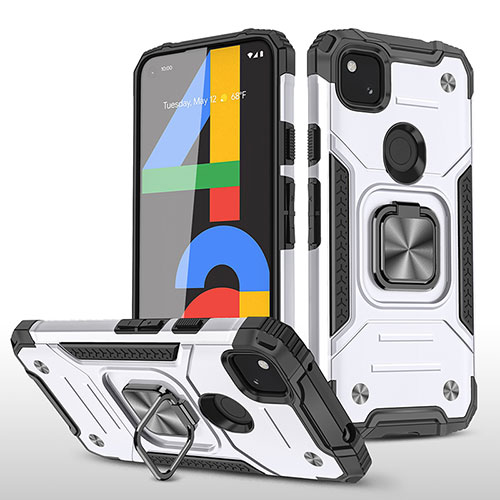 Silicone Matte Finish and Plastic Back Cover Case with Magnetic Stand MQ1 for Google Pixel 4a White