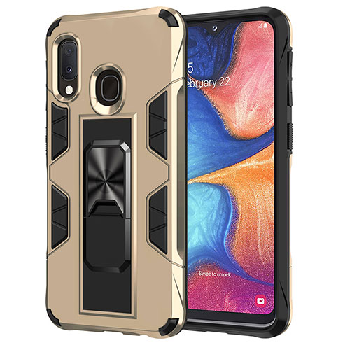 Silicone Matte Finish and Plastic Back Cover Case with Magnetic Stand MQ1 for Samsung Galaxy A20e Gold