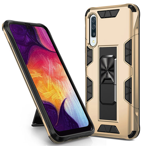 Silicone Matte Finish and Plastic Back Cover Case with Magnetic Stand MQ1 for Samsung Galaxy A50 Gold