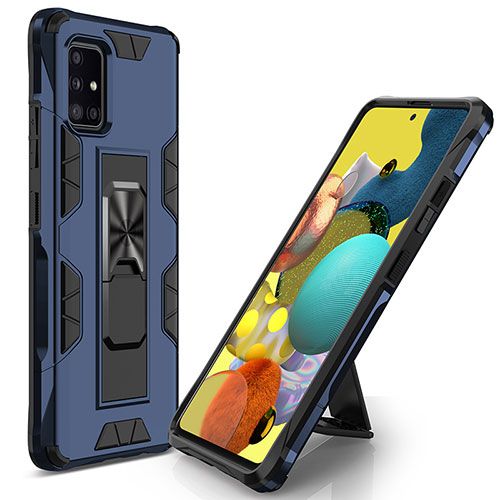 Silicone Matte Finish and Plastic Back Cover Case with Magnetic Stand MQ1 for Samsung Galaxy A71 5G Blue