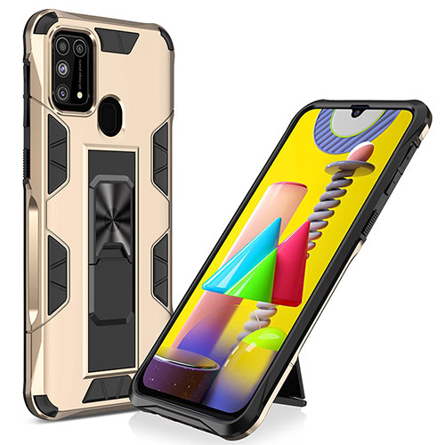 Silicone Matte Finish and Plastic Back Cover Case with Magnetic Stand MQ1 for Samsung Galaxy M21s Gold