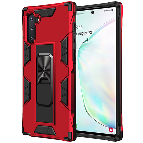 Silicone Matte Finish and Plastic Back Cover Case with Magnetic Stand MQ1 for Samsung Galaxy Note 10 5G Red