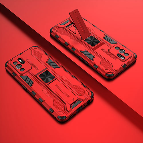 Silicone Matte Finish and Plastic Back Cover Case with Magnetic Stand T01 for Oppo Reno6 Z 5G Red