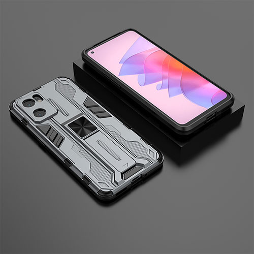 Silicone Matte Finish and Plastic Back Cover Case with Magnetic Stand T01 for Oppo Reno7 SE 5G Gray