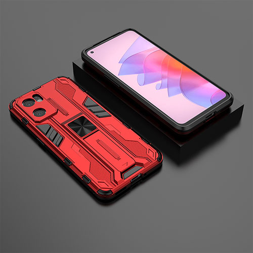 Silicone Matte Finish and Plastic Back Cover Case with Magnetic Stand T01 for Oppo Reno7 SE 5G Red