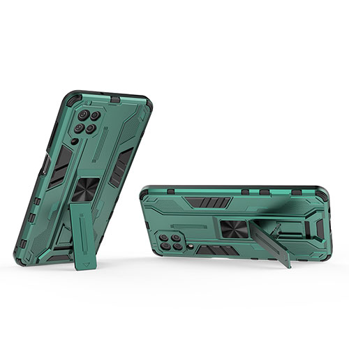 Silicone Matte Finish and Plastic Back Cover Case with Magnetic Stand T01 for Samsung Galaxy F12 Green