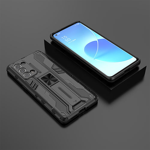 Silicone Matte Finish and Plastic Back Cover Case with Magnetic Stand T02 for Oppo Reno6 Pro 5G Black
