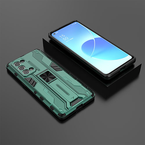 Silicone Matte Finish and Plastic Back Cover Case with Magnetic Stand T02 for Oppo Reno6 Pro 5G Green