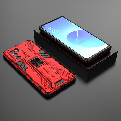 Silicone Matte Finish and Plastic Back Cover Case with Magnetic Stand T02 for Oppo Reno6 Pro 5G India Red