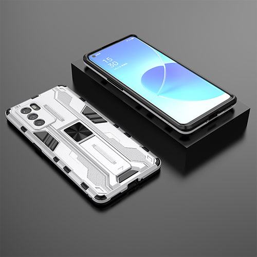 Silicone Matte Finish and Plastic Back Cover Case with Magnetic Stand T02 for Oppo Reno6 Pro 5G India White