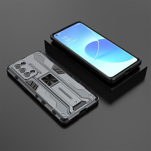 Silicone Matte Finish and Plastic Back Cover Case with Magnetic Stand T02 for Oppo Reno6 Pro+ Plus 5G Gray