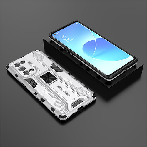 Silicone Matte Finish and Plastic Back Cover Case with Magnetic Stand T02 for Oppo Reno6 Pro+ Plus 5G White