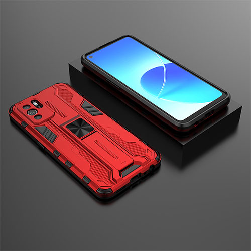 Silicone Matte Finish and Plastic Back Cover Case with Magnetic Stand T02 for Oppo Reno6 Z 5G Red