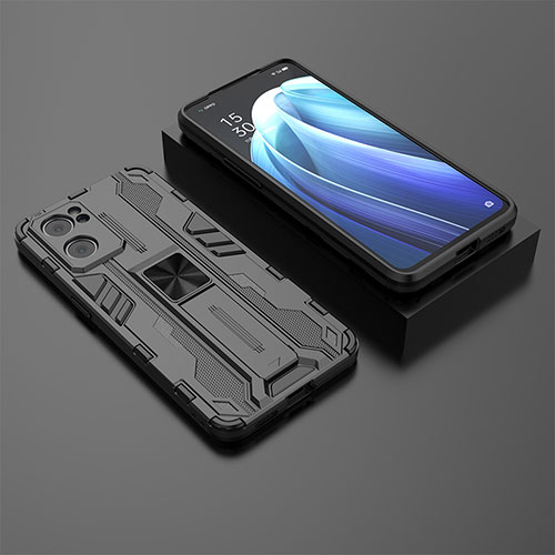 Silicone Matte Finish and Plastic Back Cover Case with Magnetic Stand T02 for Oppo Reno7 5G Black