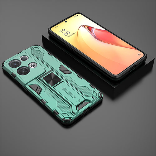 Silicone Matte Finish and Plastic Back Cover Case with Magnetic Stand T02 for Oppo Reno8 Pro 5G Green