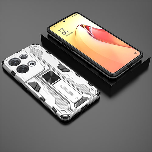 Silicone Matte Finish and Plastic Back Cover Case with Magnetic Stand T02 for Oppo Reno8 Pro 5G White