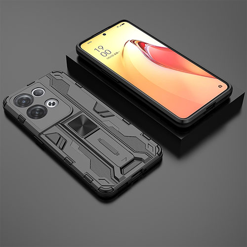 Silicone Matte Finish and Plastic Back Cover Case with Magnetic Stand T02 for Oppo Reno8 Pro+ Plus 5G Black