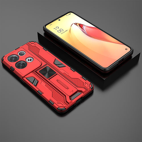 Silicone Matte Finish and Plastic Back Cover Case with Magnetic Stand T02 for Oppo Reno9 Pro+ Plus 5G Red