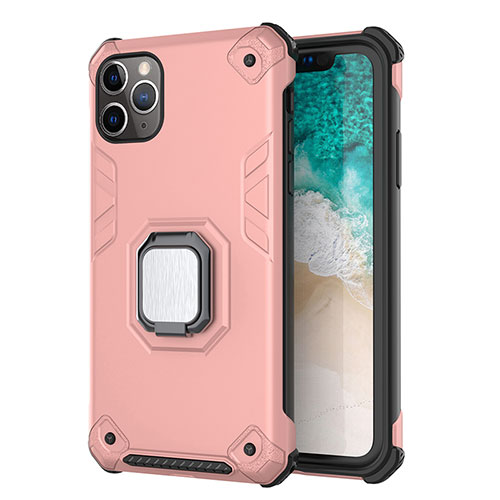 Silicone Matte Finish and Plastic Back Cover Case with Magnetic Stand Z01 for Apple iPhone 11 Pro Max Rose Gold