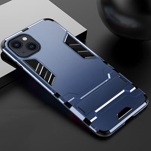 Silicone Matte Finish and Plastic Back Cover Case with Stand A01 for Apple iPhone 14 Blue