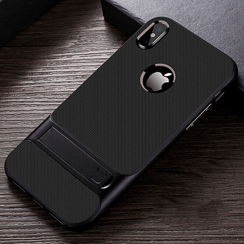 Silicone Matte Finish and Plastic Back Cover Case with Stand A01 for Apple iPhone X Black