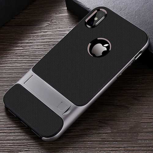 Silicone Matte Finish and Plastic Back Cover Case with Stand A01 for Apple iPhone X Gray