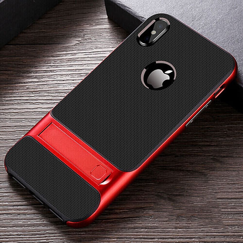 Silicone Matte Finish and Plastic Back Cover Case with Stand A01 for Apple iPhone Xs Max Red
