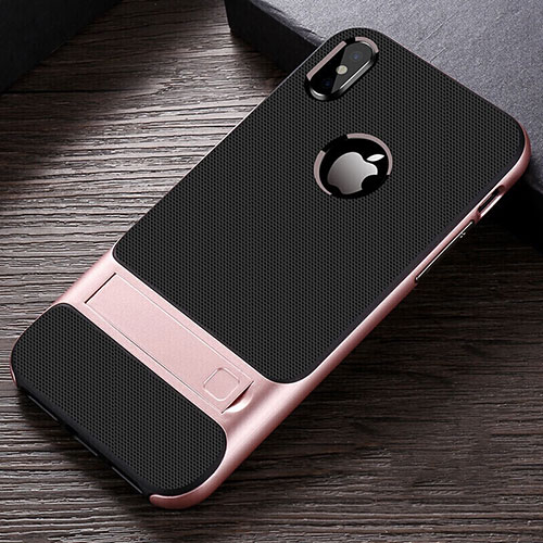 Silicone Matte Finish and Plastic Back Cover Case with Stand A01 for Apple iPhone Xs Max Rose Gold
