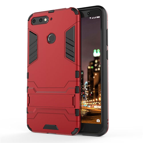 Silicone Matte Finish and Plastic Back Cover Case with Stand A01 for Huawei Honor 7A Red