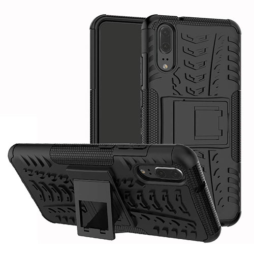 Silicone Matte Finish and Plastic Back Cover Case with Stand A01 for Huawei P20 Black