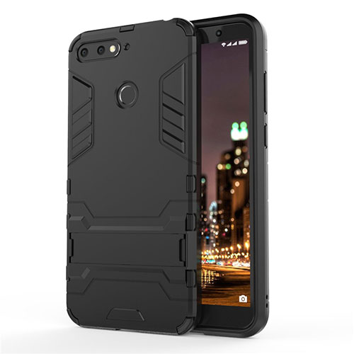 Silicone Matte Finish and Plastic Back Cover Case with Stand A01 for Huawei Y6 (2018) Black