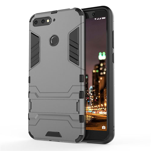 Silicone Matte Finish and Plastic Back Cover Case with Stand A01 for Huawei Y6 (2018) Gray