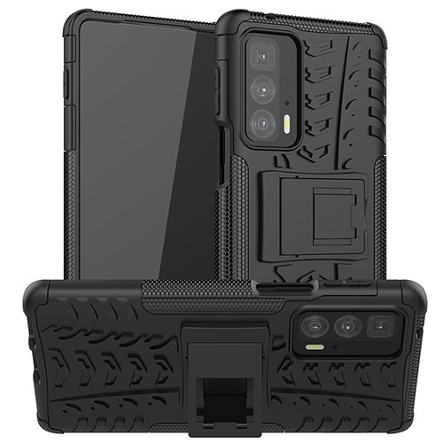 Silicone Matte Finish and Plastic Back Cover Case with Stand A01 for Motorola Moto Edge 20 Pro 5G Black