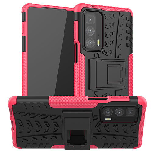 Silicone Matte Finish and Plastic Back Cover Case with Stand A01 for Motorola Moto Edge 20 Pro 5G Hot Pink