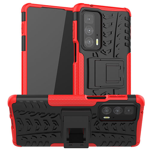Silicone Matte Finish and Plastic Back Cover Case with Stand A01 for Motorola Moto Edge 20 Pro 5G Red