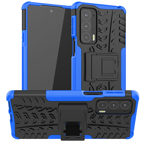 Silicone Matte Finish and Plastic Back Cover Case with Stand A01 for Motorola Moto Edge Lite 5G Blue