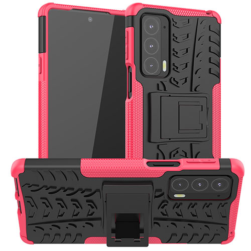 Silicone Matte Finish and Plastic Back Cover Case with Stand A01 for Motorola Moto Edge Lite 5G Hot Pink