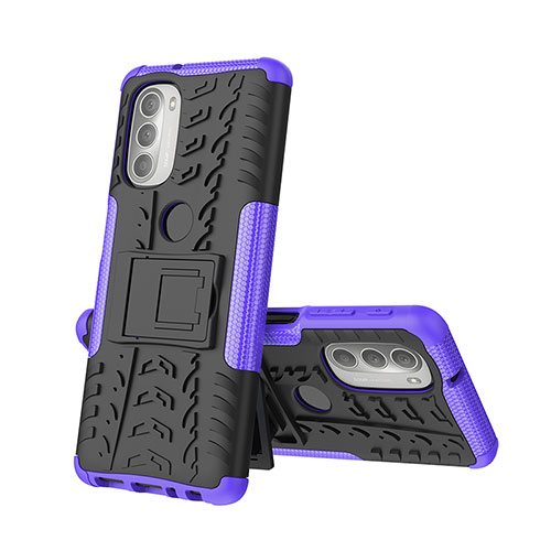 Silicone Matte Finish and Plastic Back Cover Case with Stand A01 for Motorola Moto G51 5G Purple