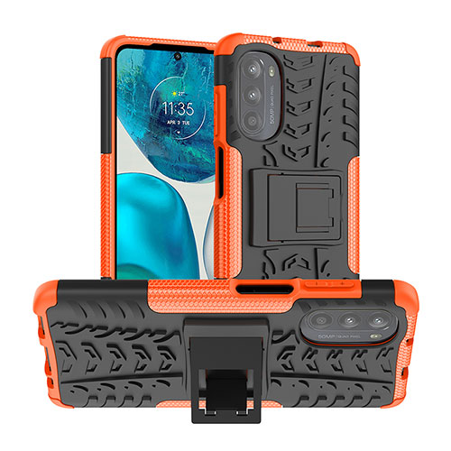 Silicone Matte Finish and Plastic Back Cover Case with Stand A01 for Motorola MOTO G52 Orange