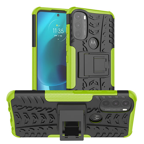 Silicone Matte Finish and Plastic Back Cover Case with Stand A01 for Motorola Moto G71 5G Green