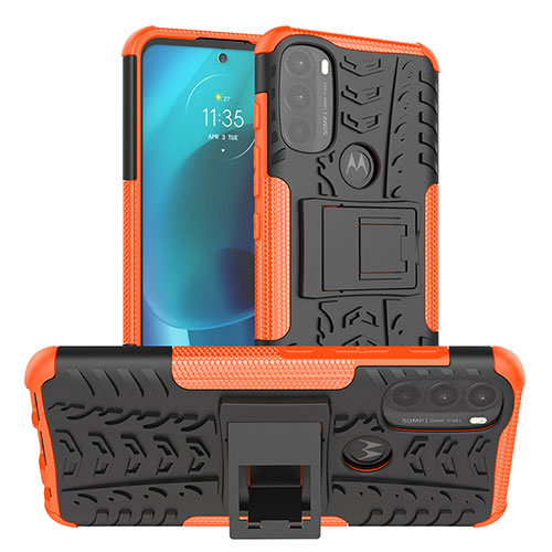 Silicone Matte Finish and Plastic Back Cover Case with Stand A01 for Motorola Moto G71 5G Orange