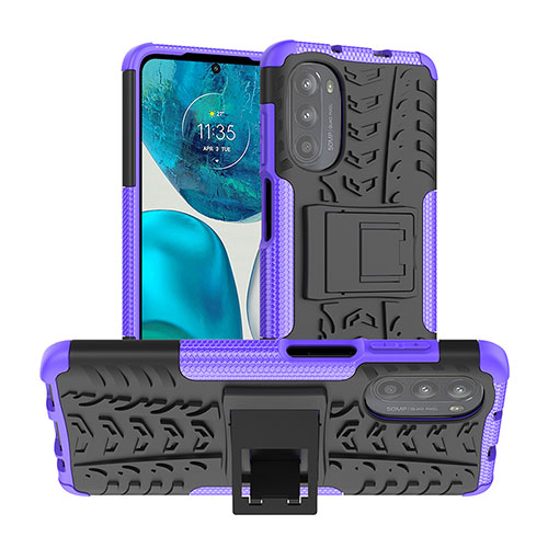 Silicone Matte Finish and Plastic Back Cover Case with Stand A01 for Motorola Moto G71s 5G Purple