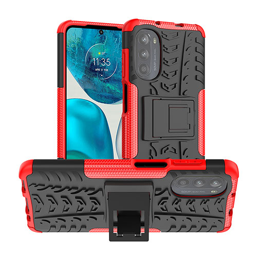 Silicone Matte Finish and Plastic Back Cover Case with Stand A01 for Motorola Moto G71s 5G Red