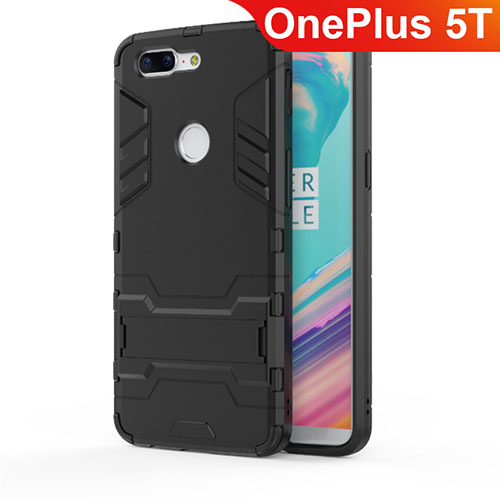 Silicone Matte Finish and Plastic Back Cover Case with Stand A01 for OnePlus 5T A5010 Black