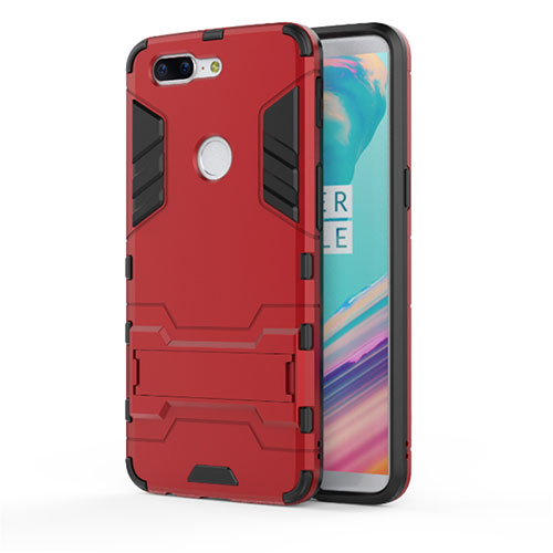 Silicone Matte Finish and Plastic Back Cover Case with Stand A01 for OnePlus 5T A5010 Red
