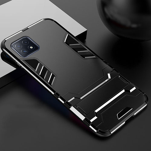 Silicone Matte Finish and Plastic Back Cover Case with Stand A01 for Oppo A73 5G Black