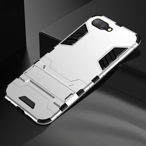 Silicone Matte Finish and Plastic Back Cover Case with Stand A01 for Oppo R15X Silver