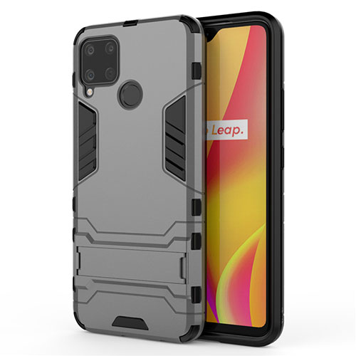 Silicone Matte Finish and Plastic Back Cover Case with Stand A01 for Realme C15 Gray