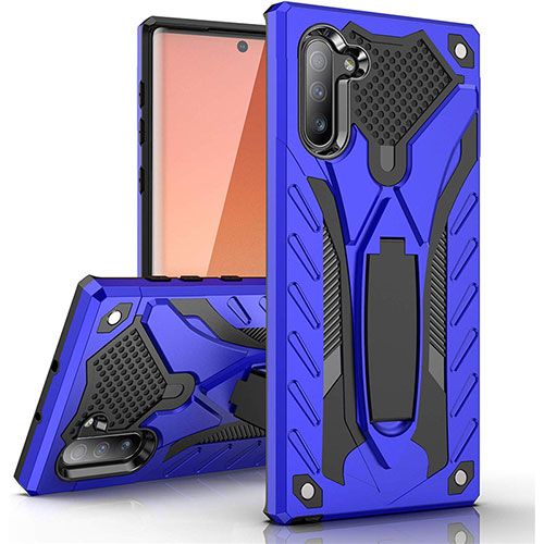 Silicone Matte Finish and Plastic Back Cover Case with Stand A01 for Samsung Galaxy Note 10 5G Blue