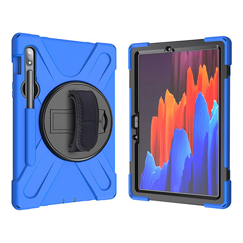 Silicone Matte Finish and Plastic Back Cover Case with Stand A01 for Samsung Galaxy Tab S7 4G 11 SM-T875 Blue